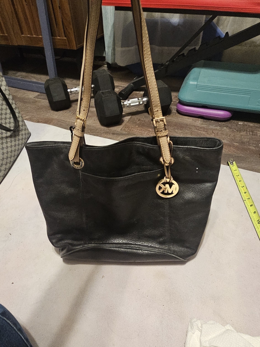 Michael Kors Black Leather Tote with Tan Straps